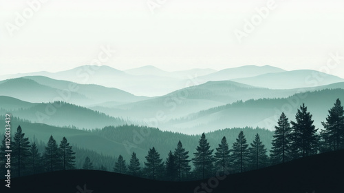 landscape green and dark mountain with fog