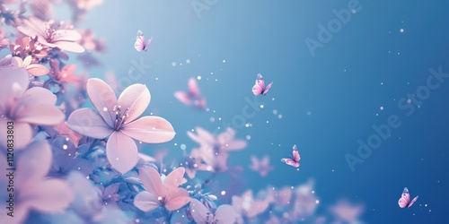 A gradient blue background with spring flowers and small butterflies along the edges, symbolizing a fresh start.