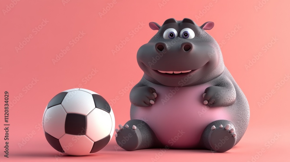 Fototapeta premium Cartoon hippo sitting beside a soccer ball.