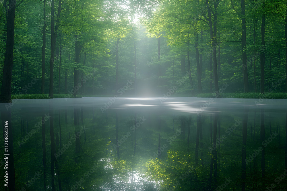 Obraz premium Sunbeams pierce misty forest, reflecting in calm water.
