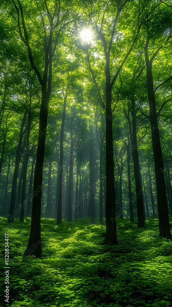 Sunlit forest scene with tall trees and lush green undergrowth. Sunlit forest scene with tall trees and lush green undergrowth.