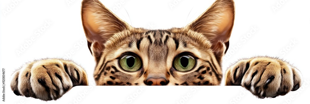Fototapeta premium Close-up of a curious cat peeking over a surface.