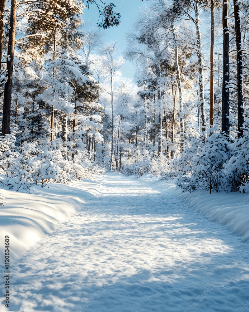 Sunlit snowy path through winter forest. Sunlit snowy path through winter forest.
