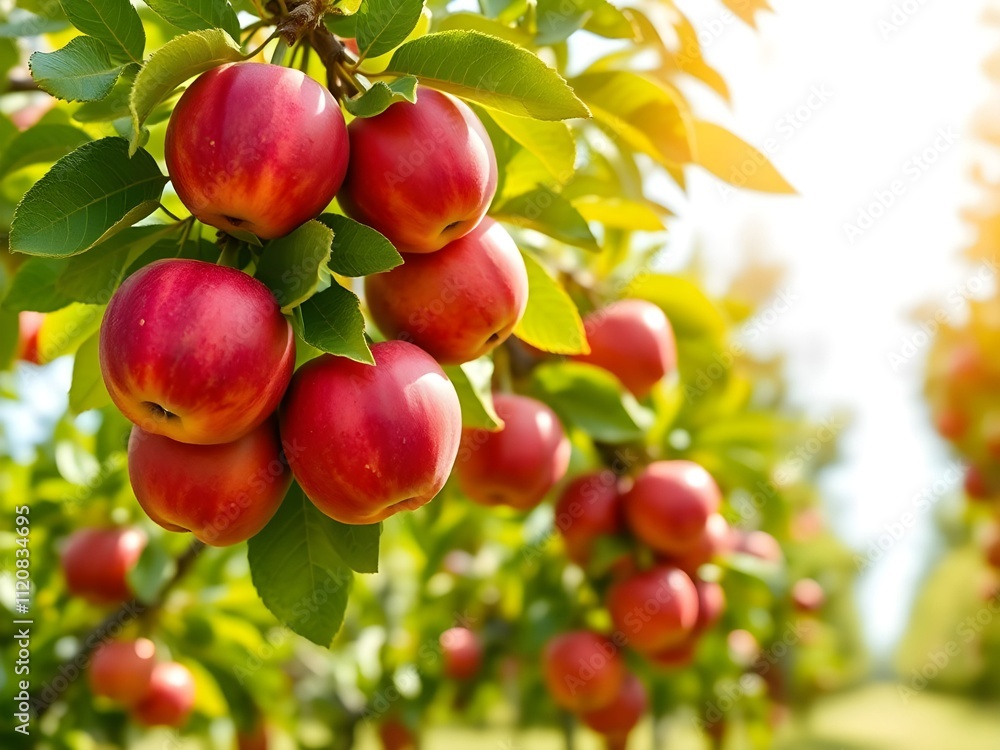 Red apples hanging from tree branches in a sunny orchard, showcasing the natural beauty of ripe fruits. with copy space image. Place for adding text or design Red apples hanging from tree branches in a sunny orchard, showcasing the natural beauty of ripe fruits. with copy space image. Place for adding text or design