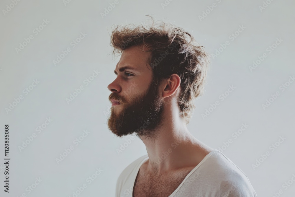 Obraz premium Profile Portrait of a Young Man with a Beard in Natural Light