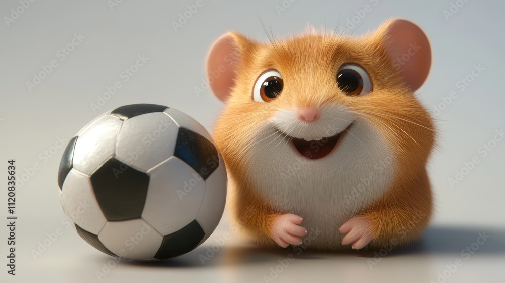 A cheerful hamster next to a soccer ball. A cheerful hamster next to a soccer ball.