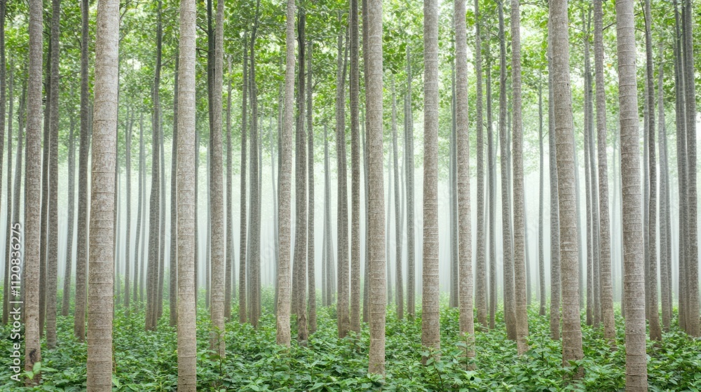 Naklejka premium Serene Foggy Forest with Tall Trees Surrounded by Lush Green Foliage Creating a Tranquil and Calm Natural Environment for Relaxation and Reflection