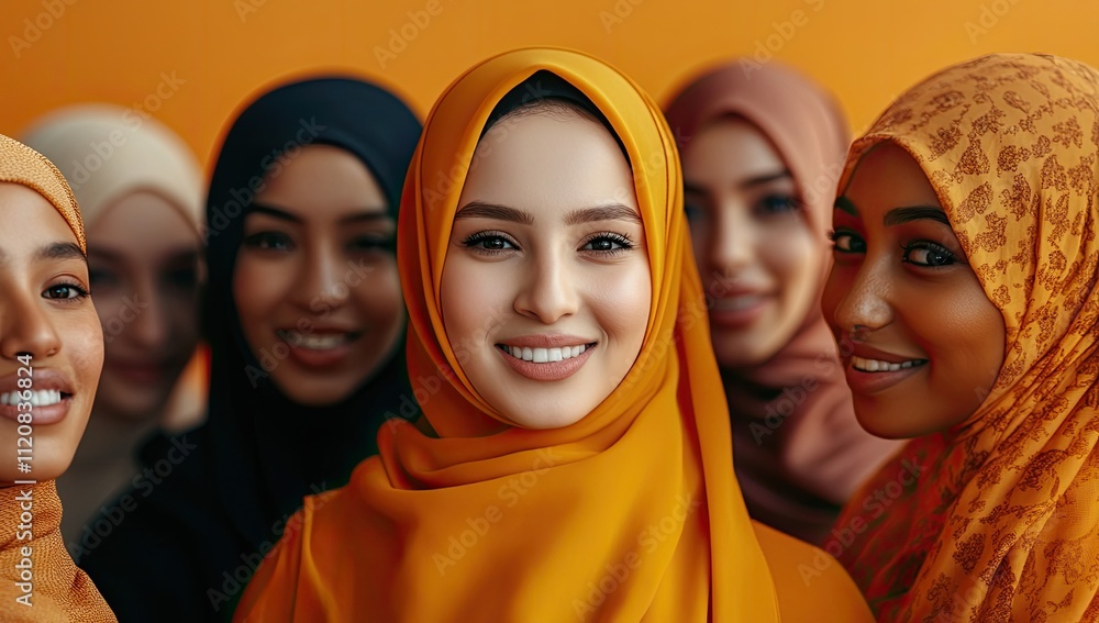 A group of women from diverse cultures and backgrounds, all smiling for the camera in their modest outfits with hijabs on, representing diversity and unity A group of women from diverse cultures and backgrounds, all smiling for the camera in their modest outfits with hijabs on, representing diversity and unity