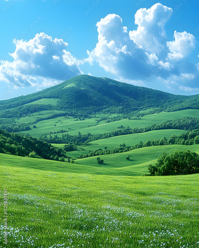 Lush green meadow with rolling hills and blue sky. Lush green meadow with rolling hills and blue sky.