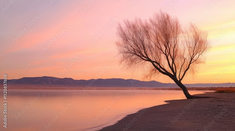 Fototapeta premium Tranquil Sunset Over Serene Lake with Isolated Tree Silhouetted Against Vibrant Colors of Dusk and a Calm Horizon Mirroring the Evening Sky in Peaceful Landscape