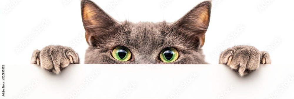 Fototapeta premium Cat peeking over a surface with curious eyes.