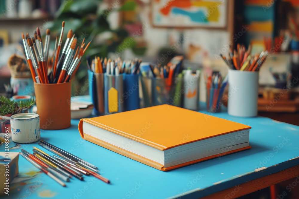 A vibrant orange book rests on a blue table among art supplies, creating a cheerful and creative atmosphere. A vibrant orange book rests on a blue table among art supplies, creating a cheerful and creative atmosphere.