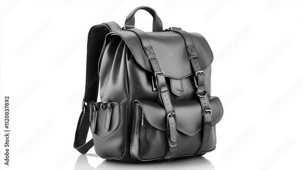 Stylish Black Leather Backpack, Multiple Pockets, Buckles, Modern Design Accessory Stylish Black Leather Backpack, Multiple Pockets, Buckles, Modern Design Accessory