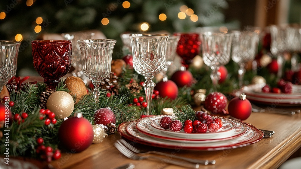 Ambiente Navideño: Mesa de Comida Decorada con Elegancia y Fondo Desenfocado Ambiente Navideño: Mesa de Comida Decorada con Elegancia y Fondo Desenfocado
