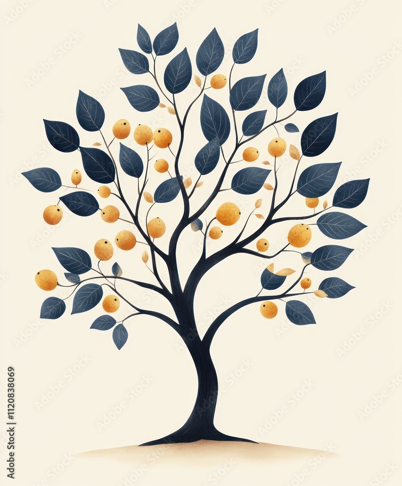 Obraz premium Minimalist Tree Illustration with Green Fruits in Scandinavian Design Style