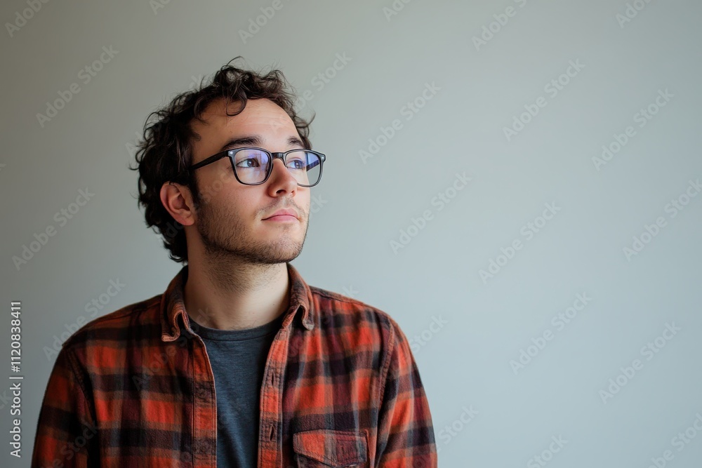 Thoughtful Young Man in Casual Attire Against a Neutral Background Thoughtful Young Man in Casual Attire Against a Neutral Background