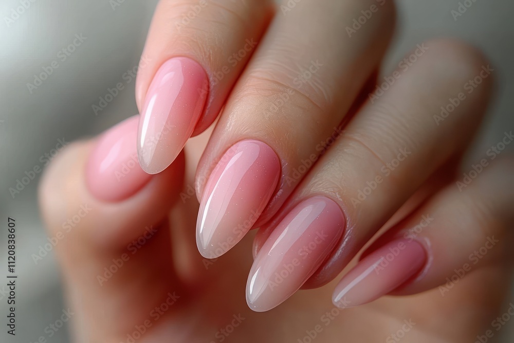 Elegant Manicure with Soft Pink Gradient on Almond Shaped Nails in Luxury Beauty Salon Elegant Manicure with Soft Pink Gradient on Almond Shaped Nails in Luxury Beauty Salon