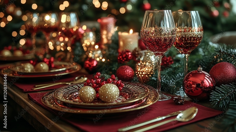 Ambiente Navideño: Mesa de Comida Decorada con Elegancia y Fondo Desenfocado Ambiente Navideño: Mesa de Comida Decorada con Elegancia y Fondo Desenfocado