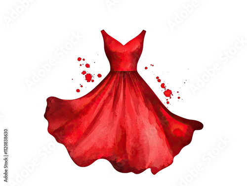 Elegant Red Dress Illustration with Flowing Skirt and Artistic Watercolor Effect for Fashion Design Projects