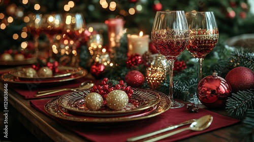 Ambiente Navideño: Mesa de Comida Decorada con Elegancia y Fondo Desenfocado