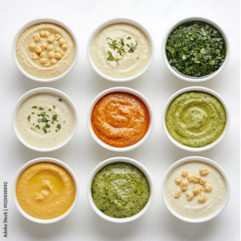 Variety of Colorful Dips in Small Bowls Arranged on White Background for Culinary Use and Food Styling in Restaurant Menus and Cooking Inspiration Variety of Colorful Dips in Small Bowls Arranged on White Background for Culinary Use and Food Styling in Restaurant Menus and Cooking Inspiration