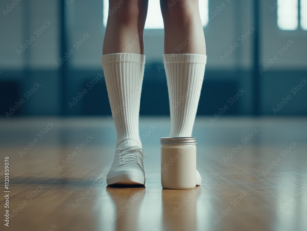 A pair of legs with white knee-high socks standing on a gym floor next to a jar, showcasing a unique blend of fashion and everyday items in a sporty environment A pair of legs with white knee-high socks standing on a gym floor next to a jar, showcasing a unique blend of fashion and everyday items in a sporty environment