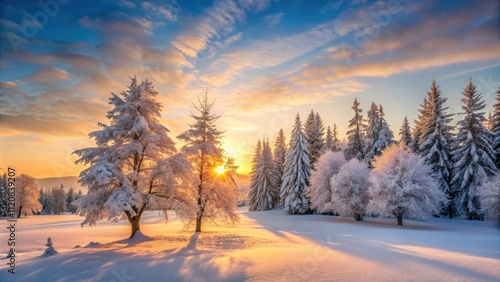 Snow-covered trees in winter sunrise, winter, snow, trees, sunrise, nature, cold, beautiful, landscape, frost, morning