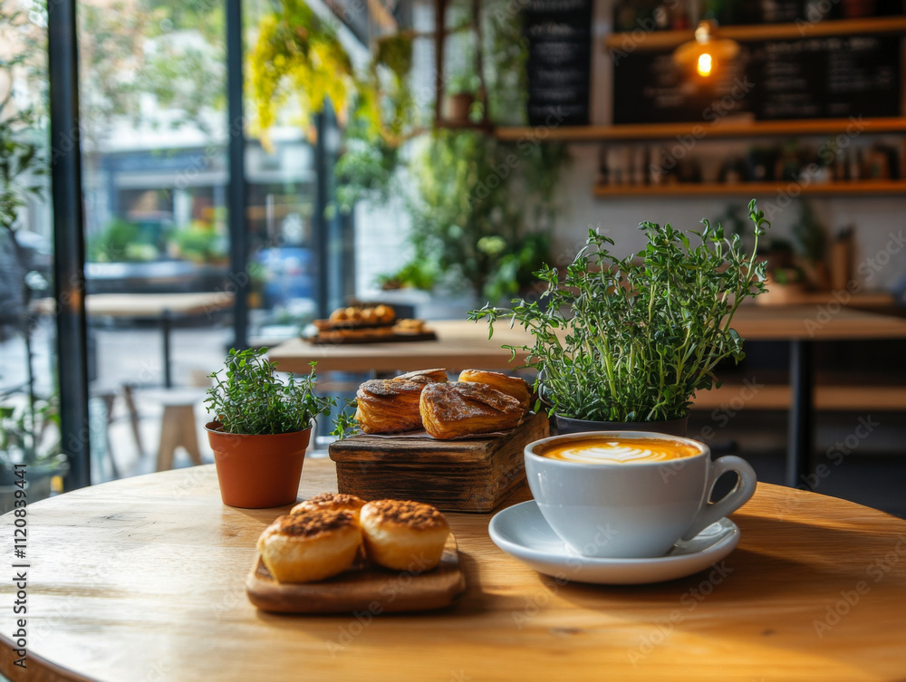 cozy cafe interior featuring latte and assorted pastries on wooden table. inviting atmosphere is enhanced by greenery and natural light streaming through large windows cozy cafe interior featuring latte and assorted pastries on wooden table. inviting atmosphere is enhanced by greenery and natural light streaming through large windows