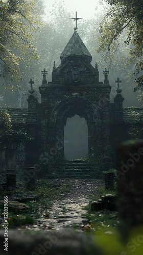 Ancient Stone Archway in a Foggy Cemetery