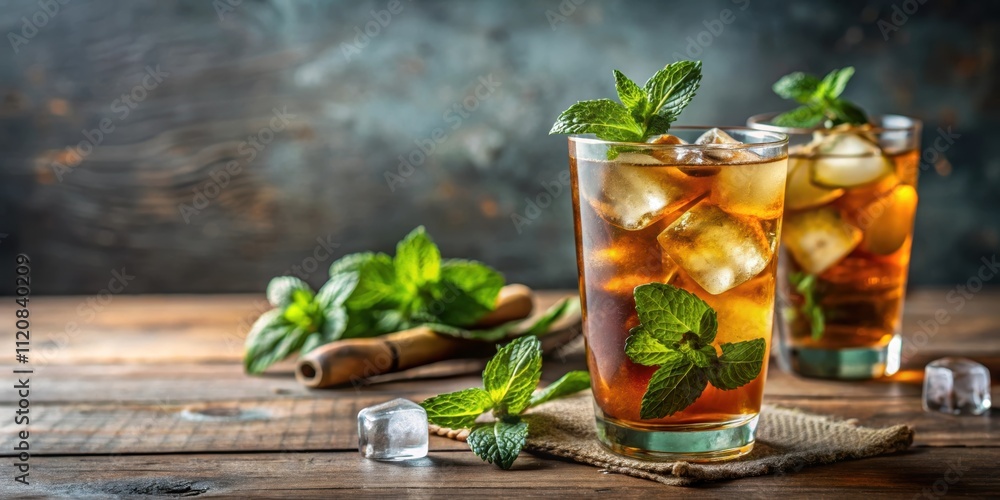 Refreshing iced tea with mint leaves, ice cubes, and garnish , drink, beverage, cold, summer, mint, leaves, ice, cubes, garnish Refreshing iced tea with mint leaves, ice cubes, and garnish , drink, beverage, cold, summer, mint, leaves, ice, cubes, garnish