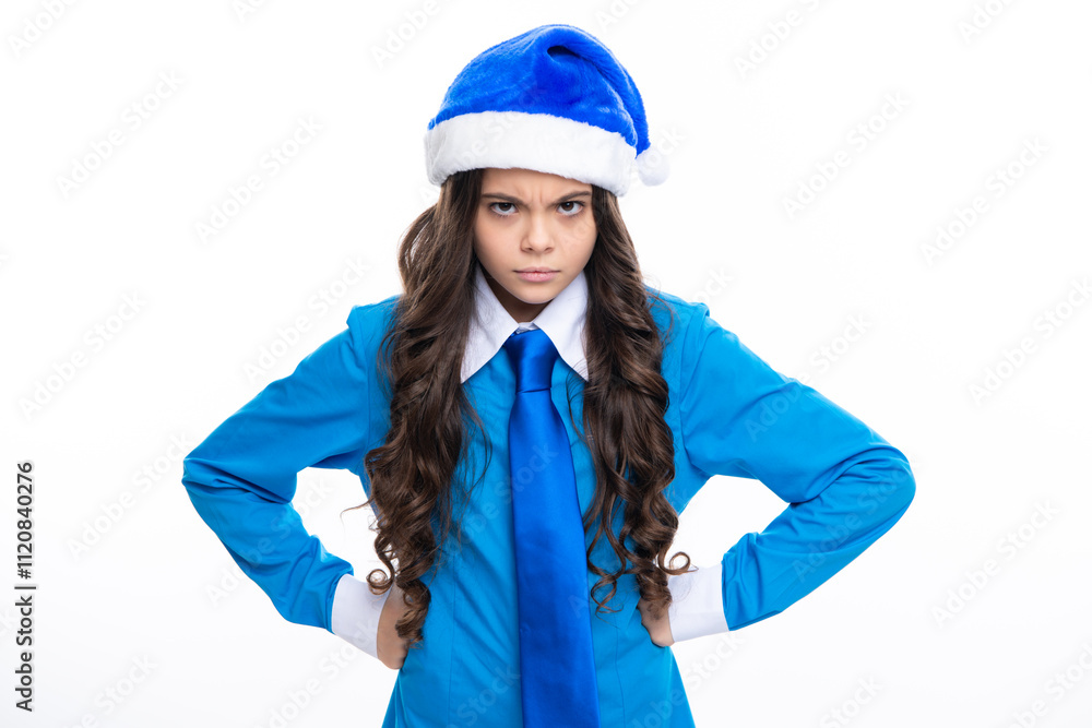 Child girl on christmas new year isolated in white studio background. Teenager in santa hat. Blue christmas costume. Angry teenager girl, upset and unhappy negative emotion. Child girl on christmas new year isolated in white studio background. Teenager in santa hat. Blue christmas costume. Angry teenager girl, upset and unhappy negative emotion.