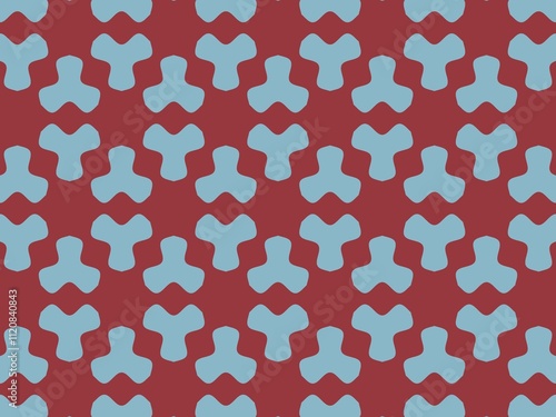 Seamless geometric pattern with organic, three-lobed shapes in teal and maroon. photo