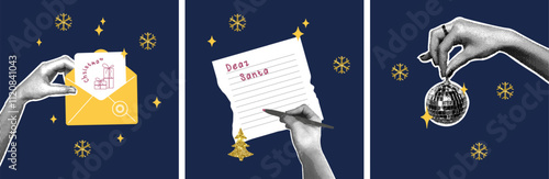 Set of trendy Christmas New Year halftone collages.Letter to Santa, disco ball in hand, Halftone collages with gold glitter texture for cards, posters, templates. Vector illustration