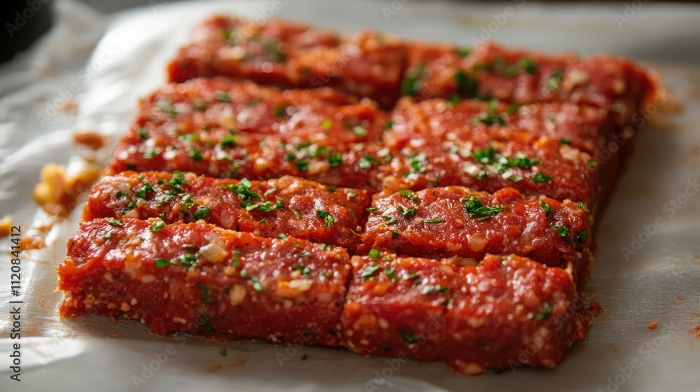 Folding raw meatloaf seasoned with herbs ready for baking arranged neatly on parchment paper Folding raw meatloaf seasoned with herbs ready for baking arranged neatly on parchment paper