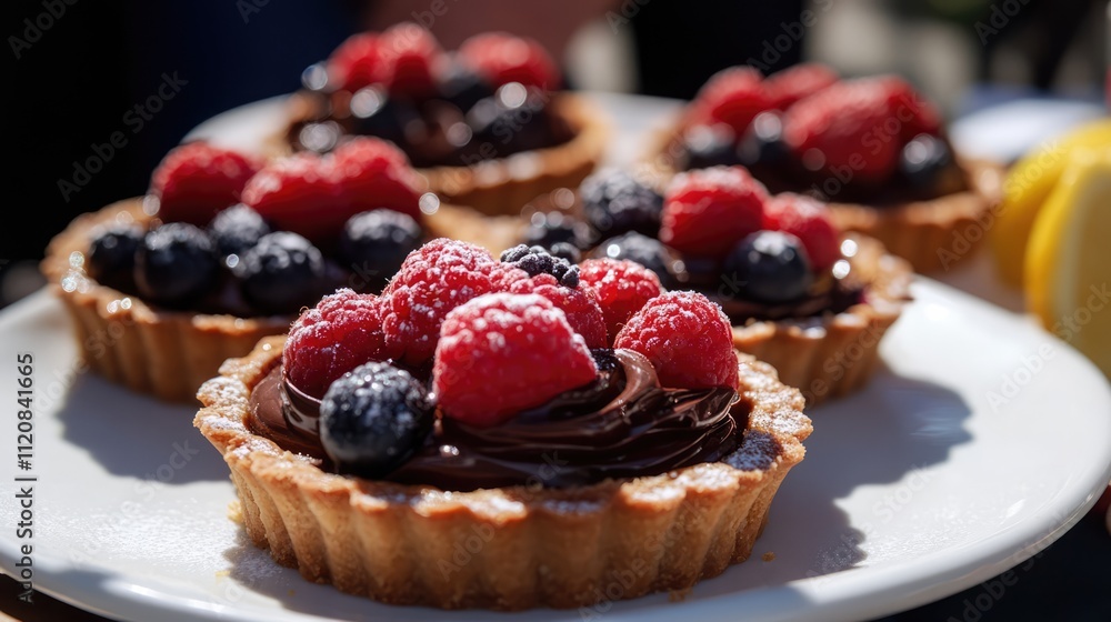 Delicious forest fruit tarts with chocolate and lemon fillings displayed at a pastry stand in a vibrant farmers market in Prague Delicious forest fruit tarts with chocolate and lemon fillings displayed at a pastry stand in a vibrant farmers market in Prague