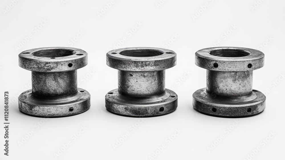 Four metallic flanges arranged in a row on a clean white background showcasing industrial design and hardware details. Four metallic flanges arranged in a row on a clean white background showcasing industrial design and hardware details.