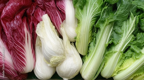 Fresh Italian Vegetables Display Radicchio White Celery Green Celery in Local Market Stall Agriculture and Produce March 2022 Fossano Italy photo