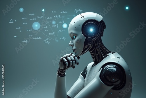 Humanoid robot deep in thought with glowing neural interface and holographic mathematical projections, symbolizing advanced AI intelligence and futuristic innovation