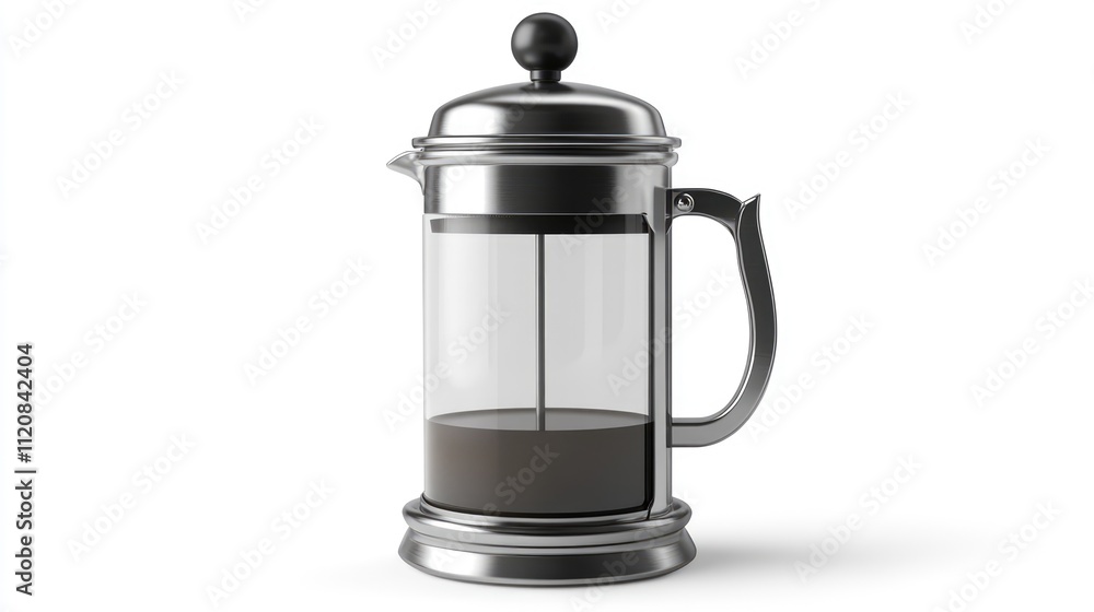 Elegant French Press Coffee Maker with transparent glass and stainless steel finish on a clean white background Elegant French Press Coffee Maker with transparent glass and stainless steel finish on a clean white background