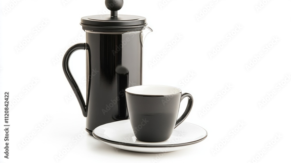 French Press Coffee Maker with Black Cup and Saucer on a White Background for Stylish Beverage Preparation and Presentation French Press Coffee Maker with Black Cup and Saucer on a White Background for Stylish Beverage Preparation and Presentation
