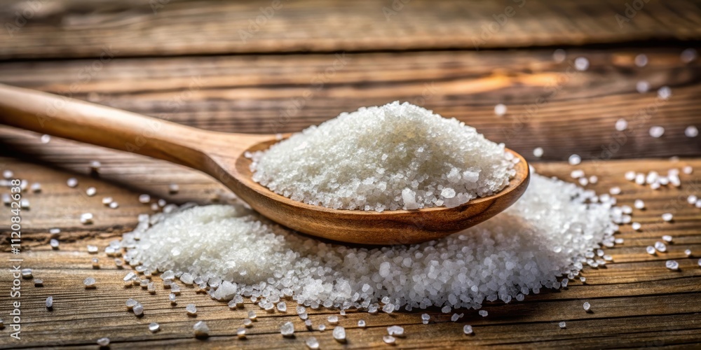 Close up of granulated sugar with wooden spoon on rustic table, sweet, ingredient, kitchen, cooking, white, grainy, spoon Close up of granulated sugar with wooden spoon on rustic table, sweet, ingredient, kitchen, cooking, white, grainy, spoon