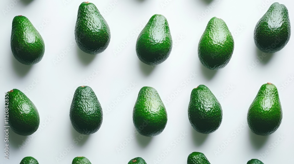 Variety of fresh avocados arranged neatly on a white background showcasing their vibrant green color and smooth texture. Variety of fresh avocados arranged neatly on a white background showcasing their vibrant green color and smooth texture.