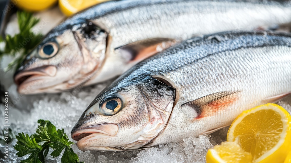 Freshly caught fish displayed on ice with lemon slices and herbs at a vibrant open market stall for sale Freshly caught fish displayed on ice with lemon slices and herbs at a vibrant open market stall for sale