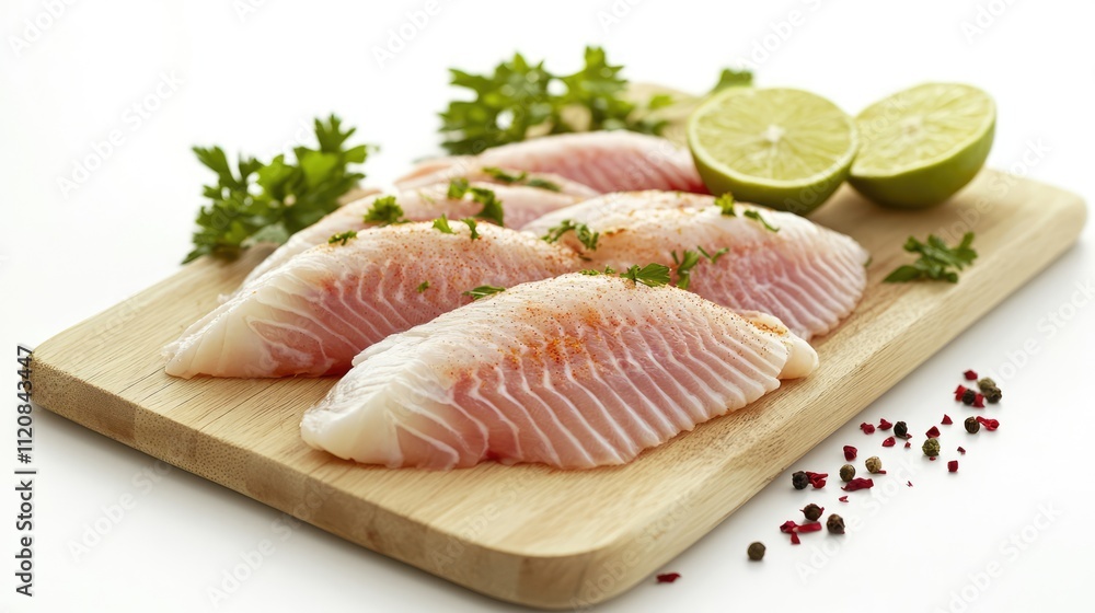 Fresh fish fillets garnished with lime and parsley on a wooden cutting board against a clean white background Fresh fish fillets garnished with lime and parsley on a wooden cutting board against a clean white background