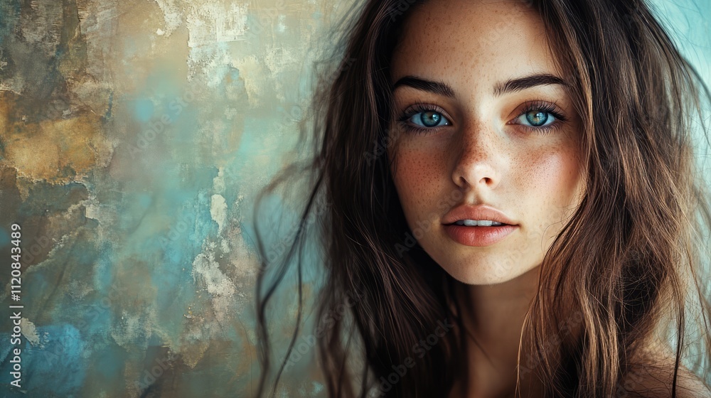 Captivating portrait of a young brunette woman with blue eyes against a soft textured background highlighting natural beauty and elegance. Captivating portrait of a young brunette woman with blue eyes against a soft textured background highlighting natural beauty and elegance.