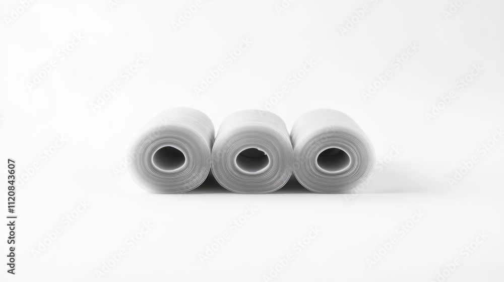 Three rolls of grey recyclable garbage bin bags isolated on white background for waste management and environmental conservation concepts Three rolls of grey recyclable garbage bin bags isolated on white background for waste management and environmental conservation concepts
