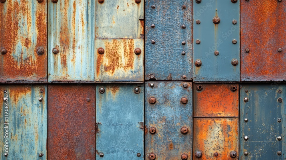 Naklejka premium Grunge rusted metal texture with oxidized panels and rivets creating an industrial background for design and artistic projects