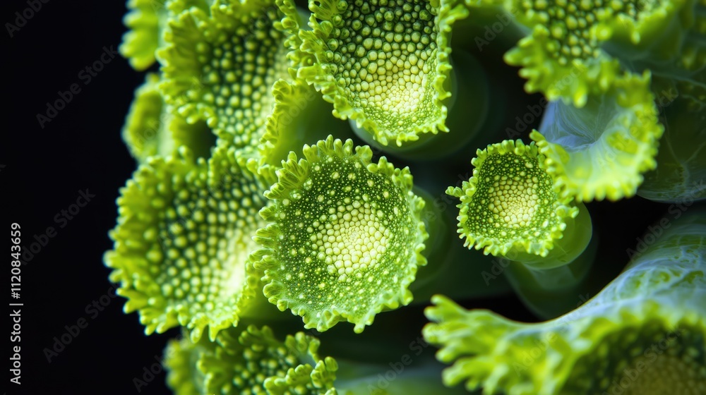 Close-up of vibrant green broccoli florets showcasing intricate textures against a stark black background for a striking visual effect. Close-up of vibrant green broccoli florets showcasing intricate textures against a stark black background for a striking visual effect.