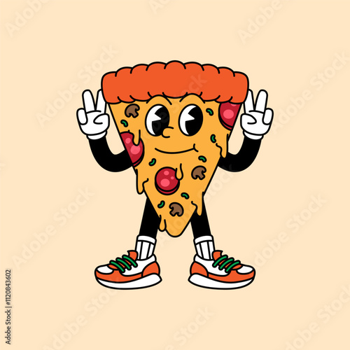 Pizza retro vintage mascot character clip art. Pizza Fast Food Retro vintage mascot character with gloved hand and foot. Walking, waving, standing, funny, cute.