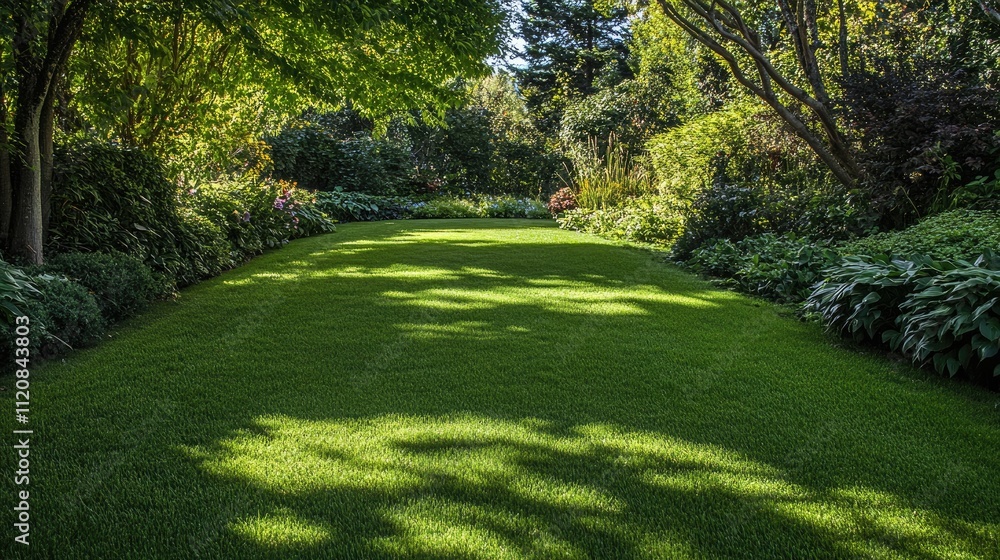 Lush green garden lawn bathed in sunlight with beautiful foliage creating a serene outdoor setting Lush green garden lawn bathed in sunlight with beautiful foliage creating a serene outdoor setting